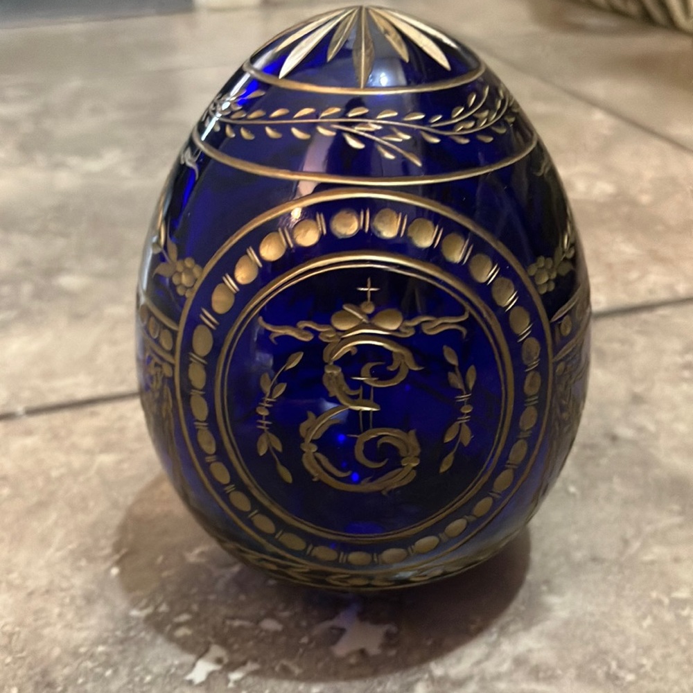 Vintage Blue Glass Faberge Engraved “E” Russian Egg